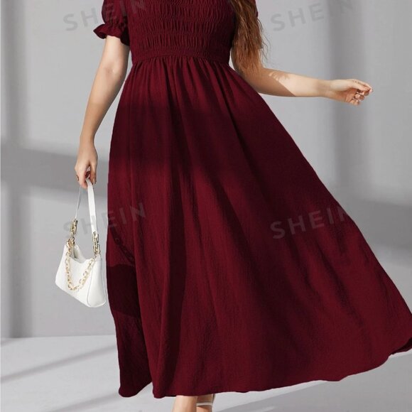 SHEIN Mulvari Plus Shirred Puff Sleeve A-line Dress - Picture 3 of 6